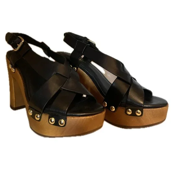 COACH Wooden Platform Sandals 70's Inspired Size 37 (6.5US) Black Leather - Picture 2 of 5